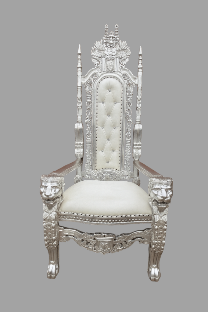 Lion King Throne Chair - Bespoke Wedding Furniture - Silver & White Leather