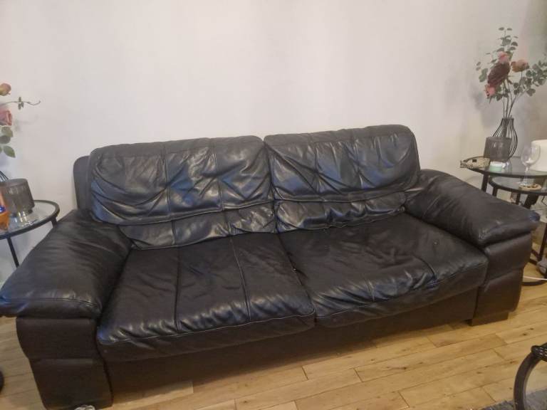 3 Seater and 2 Seater Black Italian Leather Sofas