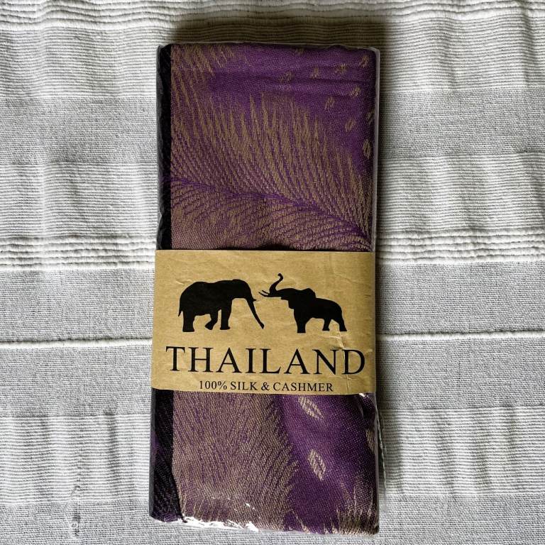 NEW purple scarf, Thailand 100% silk & cashmere. Peacock feathers, shawl, wrap. £10 ovno.