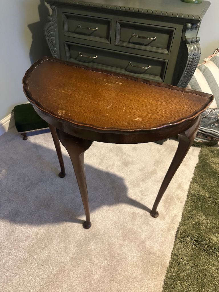 vintage English reproduction demi-lune (half-moon/half-round) hall/console table made bevan funnell