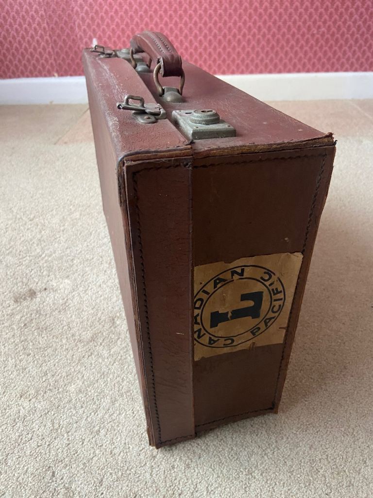 Vintage brown suitcase briefcase Canadian Pacific initials demobbed reenactment retro 