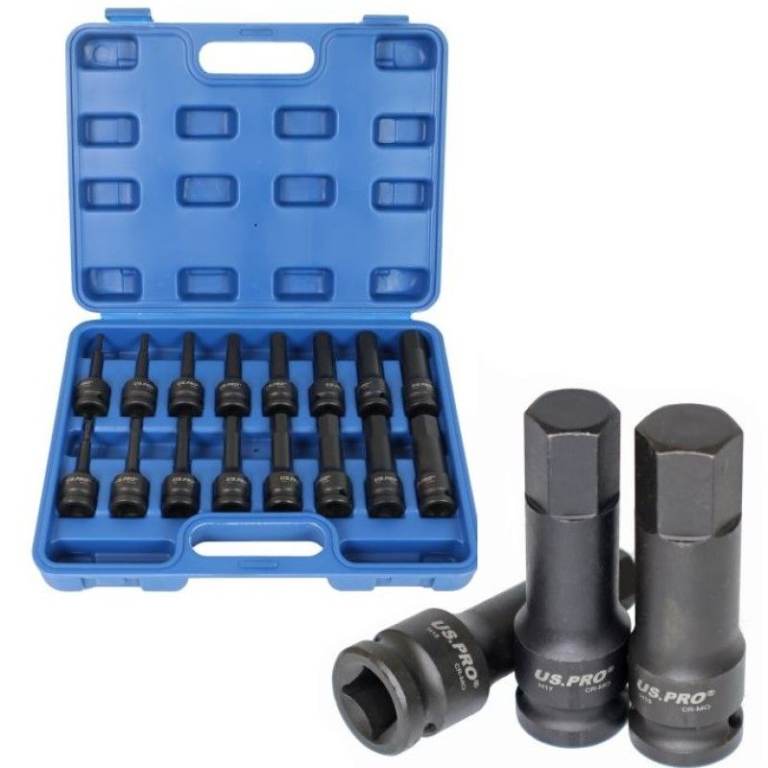 US PRO 16pc Hex Bit Impact Socket Set Metric 4mm/19mm 1/2" Drive Allen Keys