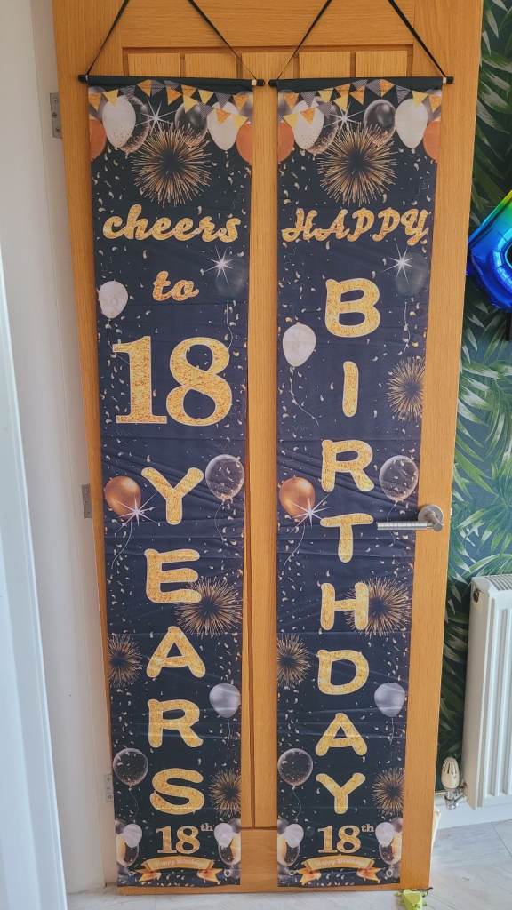 18th Birthday Fabric Door Height Banners (x2) - Black and Gold