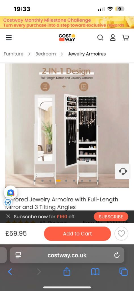 Mirrored jewellery cabinet