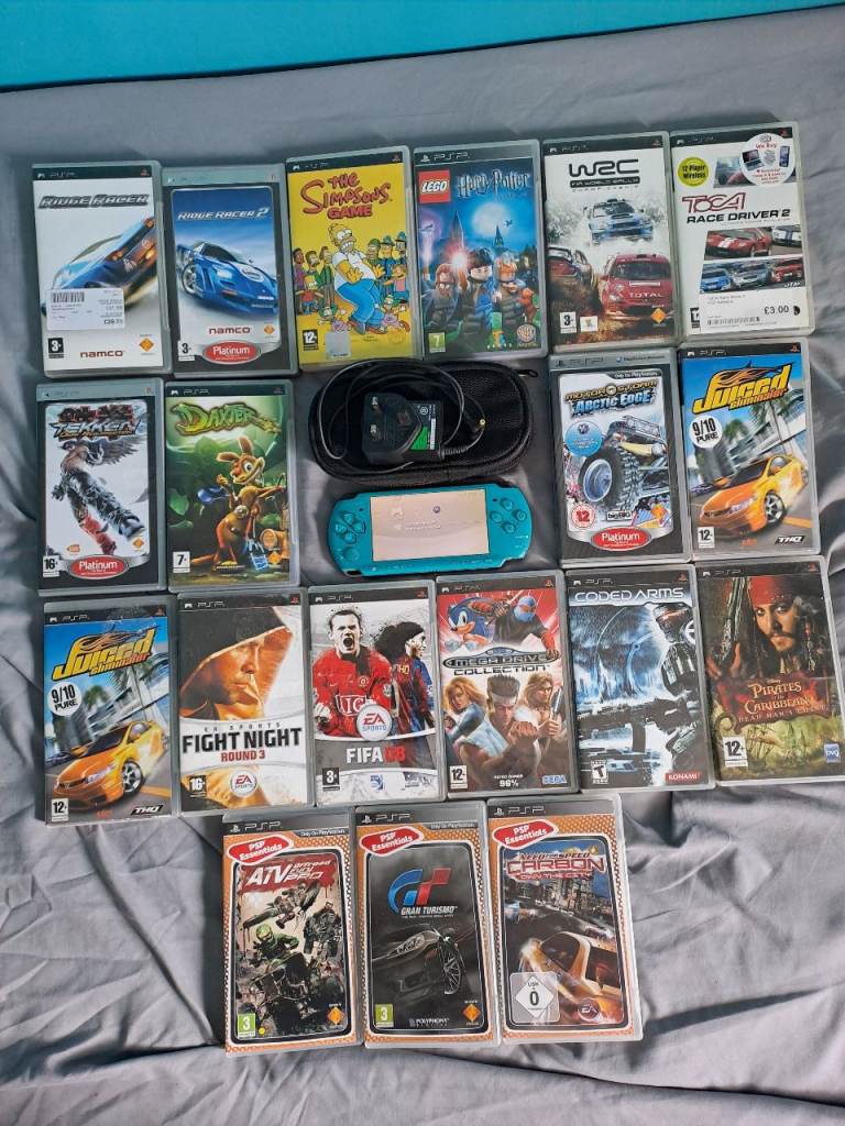Sony psp slim+lite 3000 turquoise green with games, case and charger 
