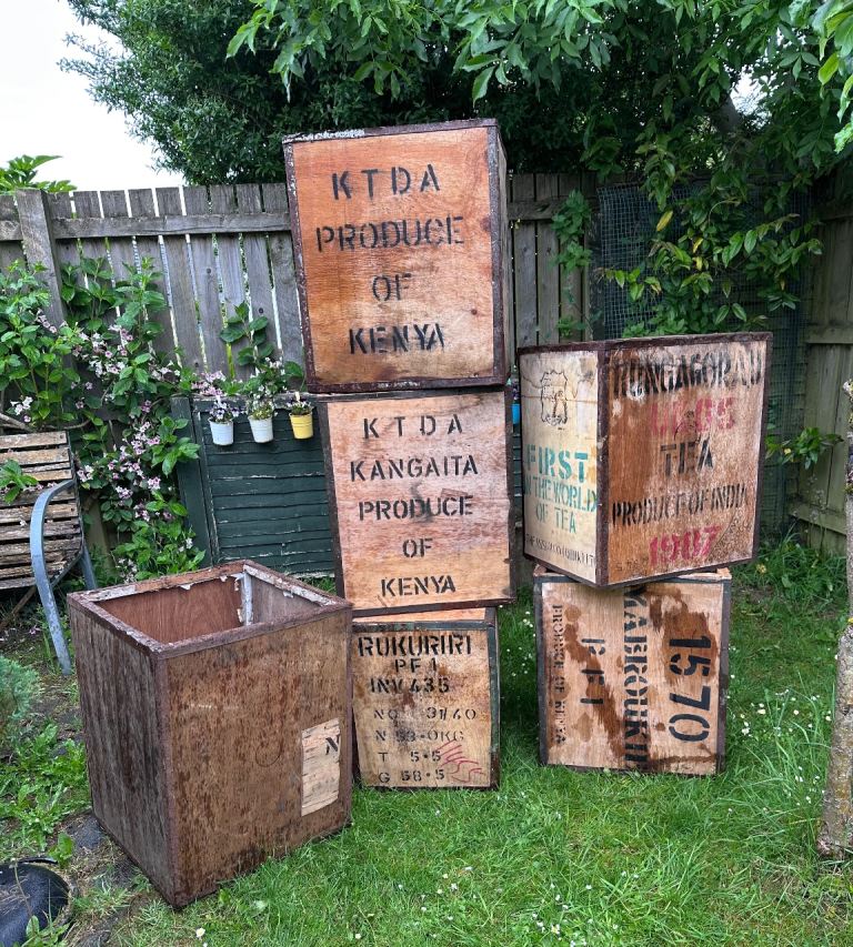 Vintage Tea Shipping Crate Chest Box Kenya KTDA Rukururi The Assam Co Rongagorau India Calcutta x3