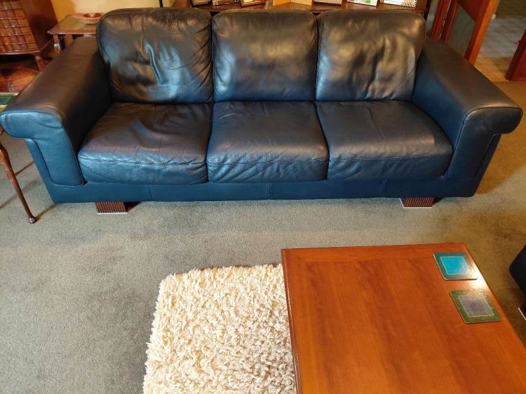3 seater navy leather sofa