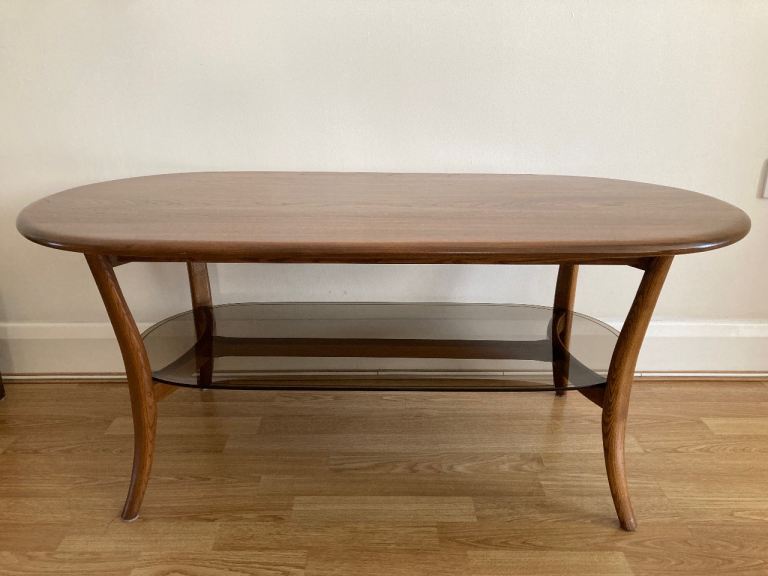 Vintage Ercol Coffee Table with Smoke glass magazine shelf 