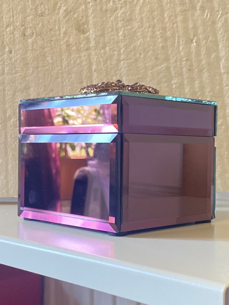 Purple glass mirror jewellery box . 
