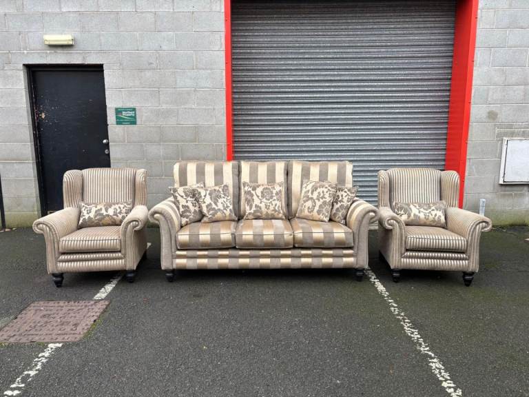 image for ALSTONS Beige and Gold Striped Pattern Fabric 3 Seater Sofa and 2 Wingback Chairs 