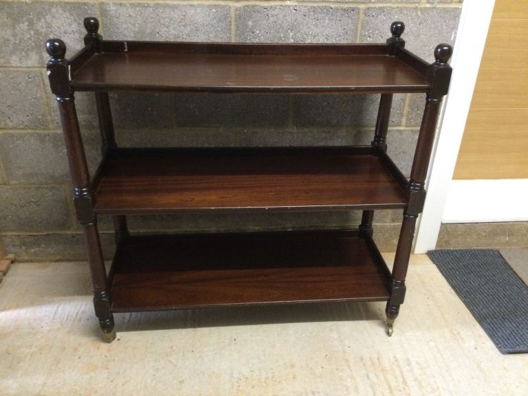 Vintage mahogany 3-tier buffet “dumb waiter” unit on original casters 