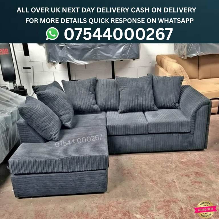 New Grey Cord Fabric Corner Sofa – Comfy & Modern