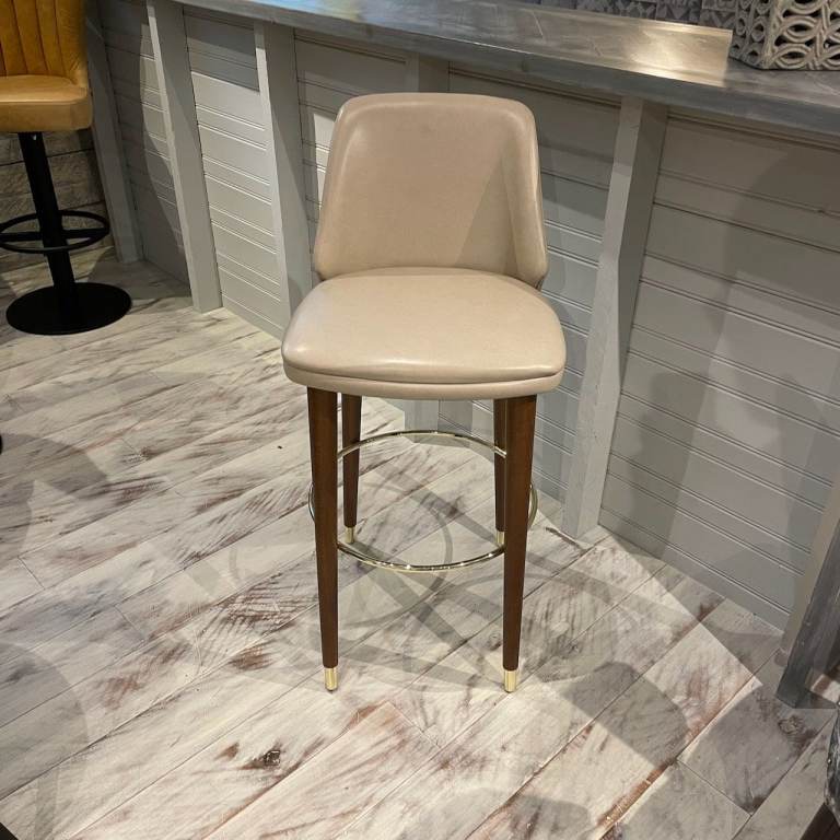NEW EX DISPLAY, BESPOKE MADE, MEG LEATHER BAR STOOL WITH BRASS FEET, X1 In stock