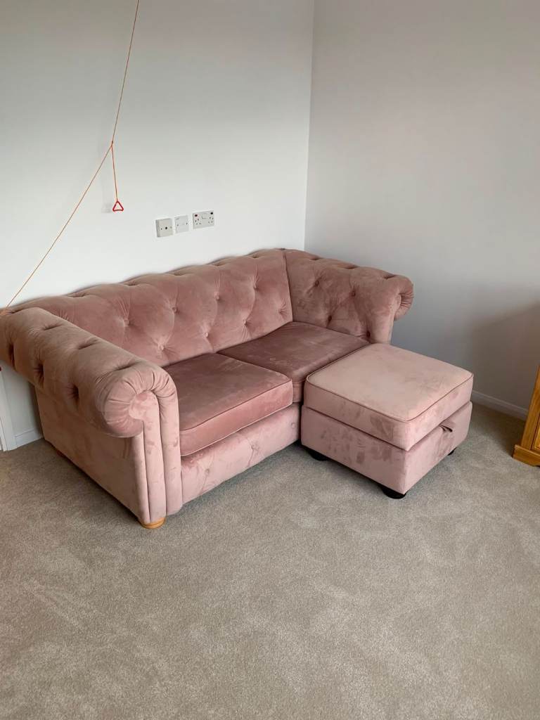 DFS Pink Velvet Sofa bed with Footstool with storage – Very Good Condition