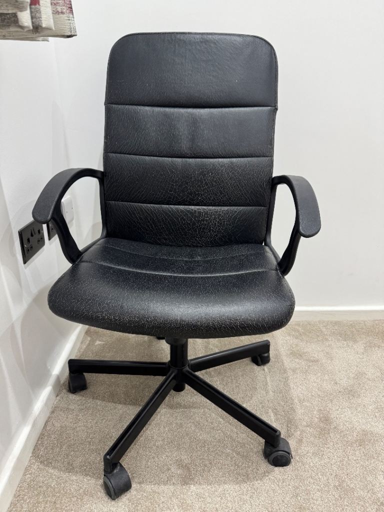 image for IKEA Renberget Adjustable Height Swivel Office Desk Chair, Comfy Black Leather