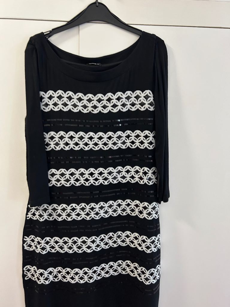 Roman Black Dress Size 14 with White Sequin Detail – As Good As New