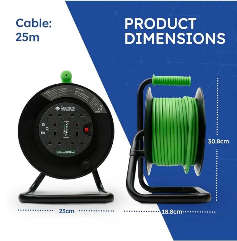 A new 4 Socket Extension Lead 25m, Heavy Duty 4-Way Cable Reel, 13A 