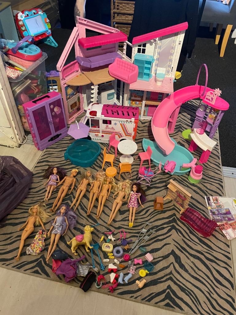 Barbie bundle toys house pool ambulance 9 dolls included 
