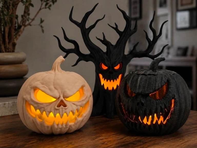 Halloween Light-Up Pumpkins and Spooky Tree Decoration Set