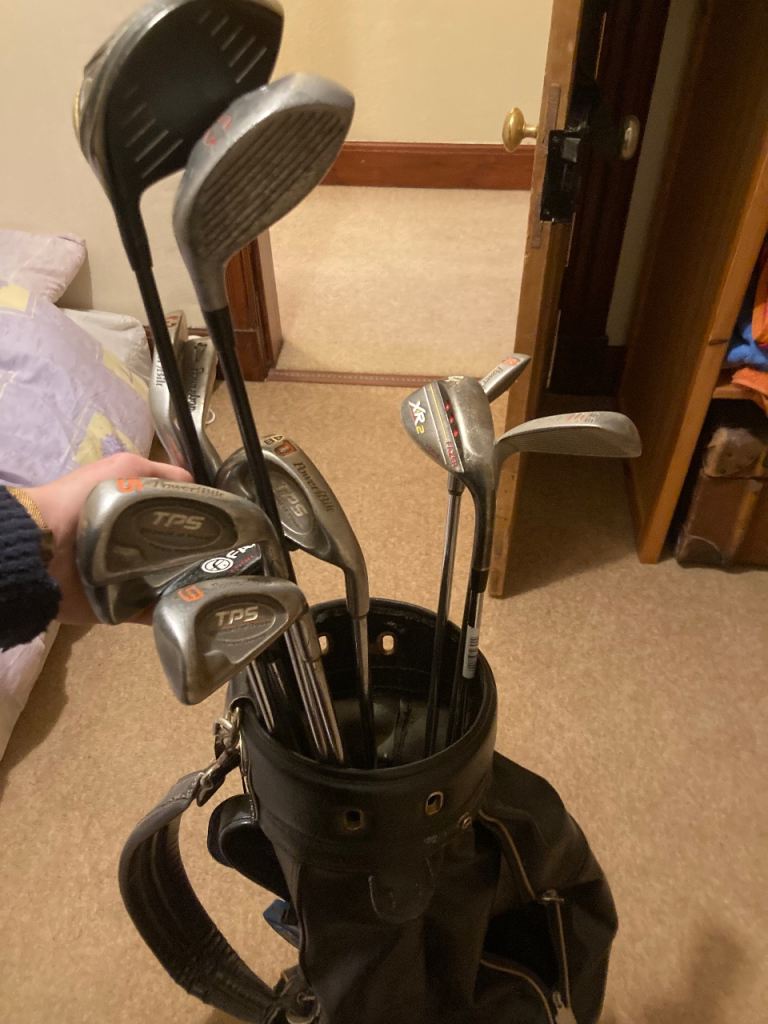 Golf clubs, bag, trolley and accessories