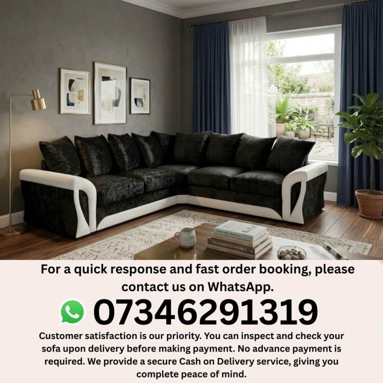 Stylish Corner Sofa - Black and White Fabric, Brand New