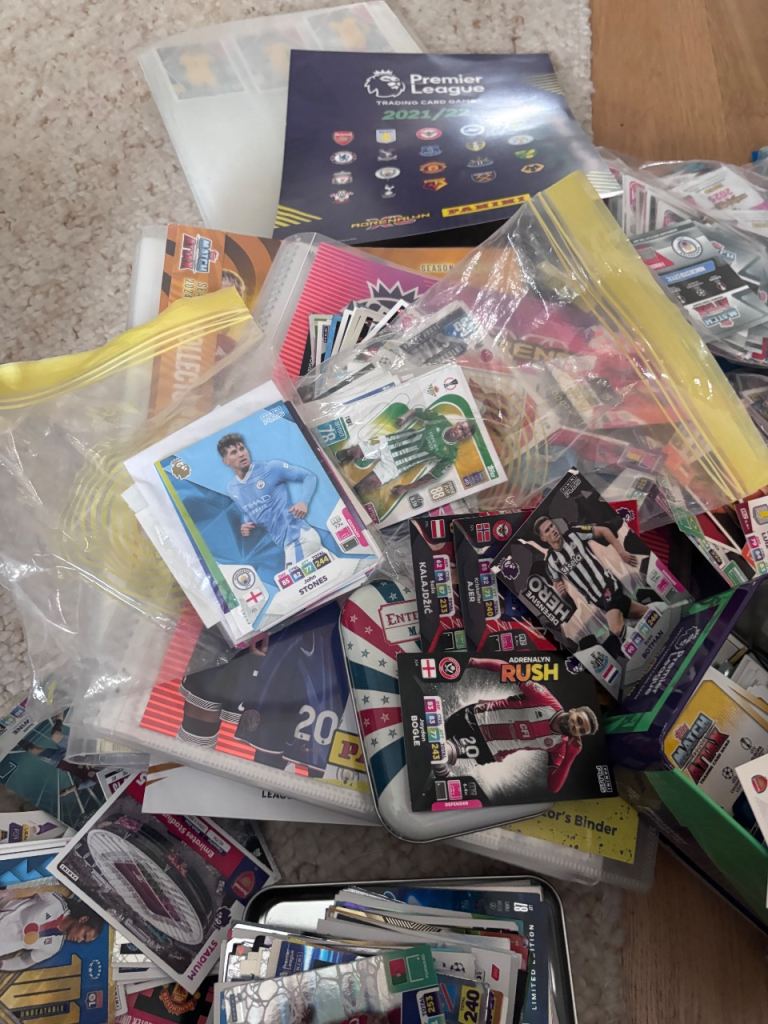 Large Collection of Football Cards & Stickers with Binders and Tins