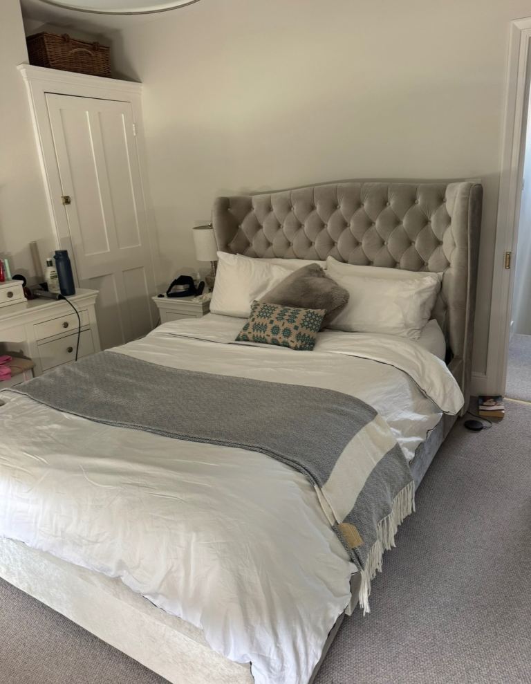 Grey Fabric Double Bed Frame with Headboard and Drawers