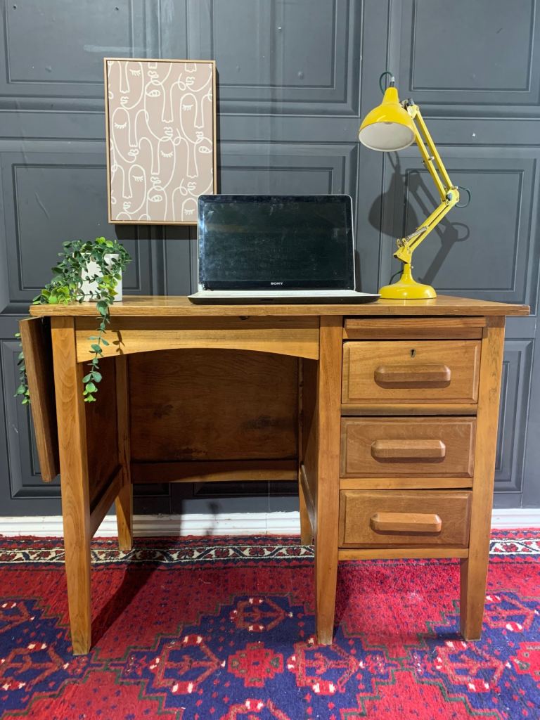 image for Desk Vintage Blonde Oak Mid Century Small Knee Hole School Teachers Home Office 1940s