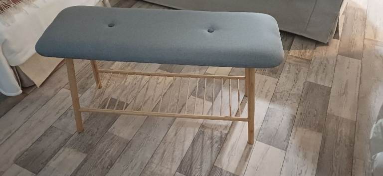 Grey Upholstered Wooden Bench/Stool – Good Condition