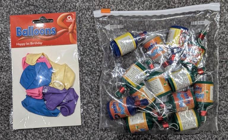 BUNDLE OF KIDS ADULTS PARTY HATS LOOT BAGS BALLOONS TABLECOVER NAPKINS FOOD BOXES