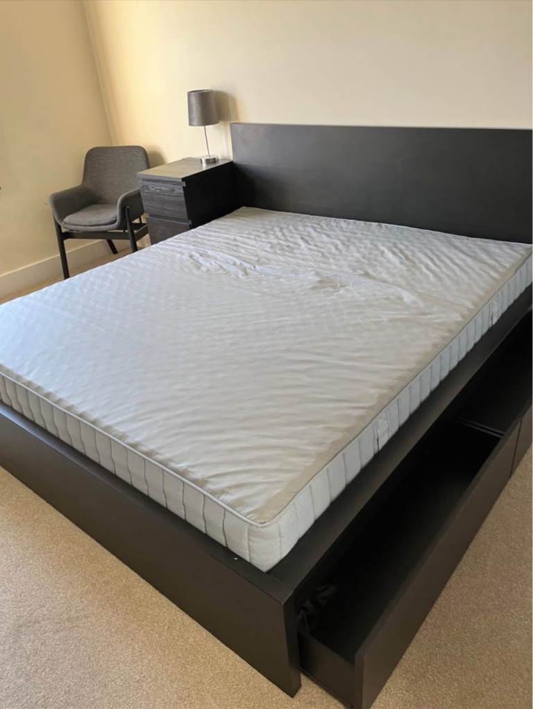Double Bed +mattress with Storage - Dark Brown, Good Condition