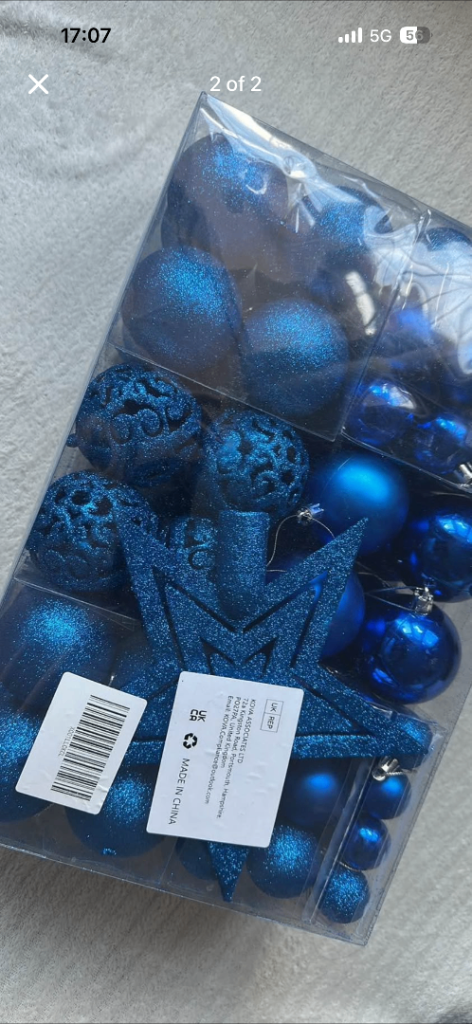 New Blue Christmas Tree Baubles and Star Topper Set