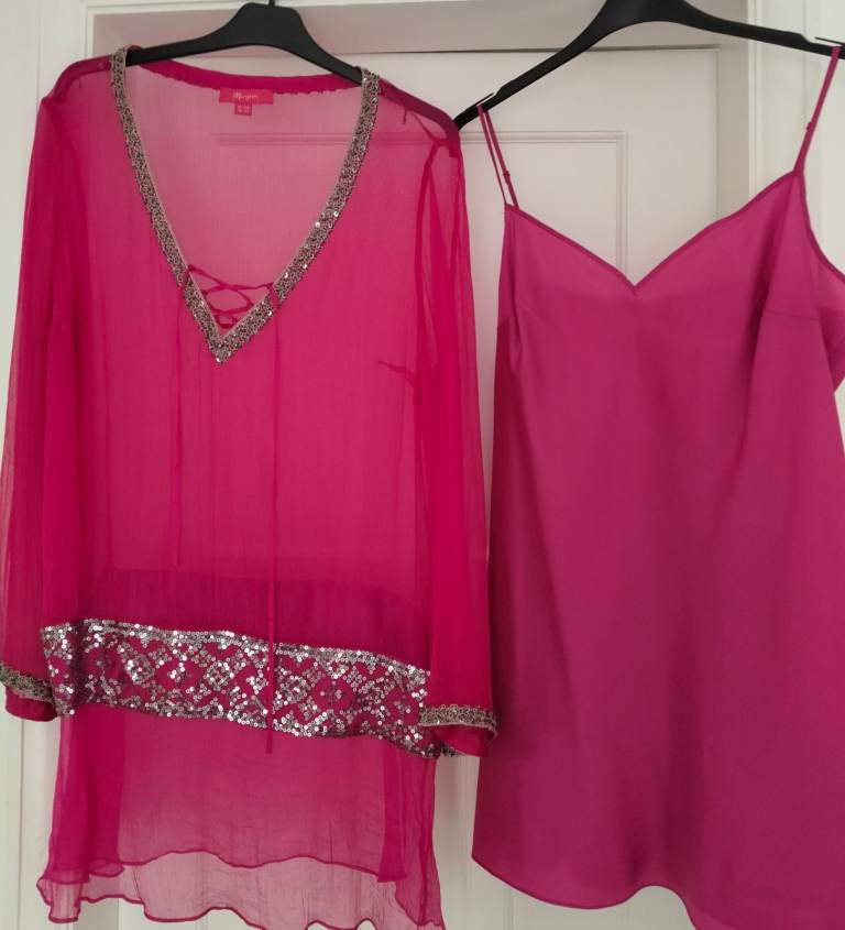 image for Stunning Cerise with Silver Trim Monsoon Camisole & Sheer Top States Size 18 - more like 14 - 16