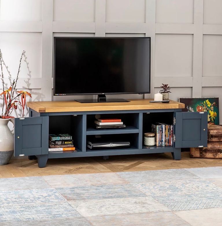 Westbury Blue painted wood widescreen TV unit - 120cm wide, £50
