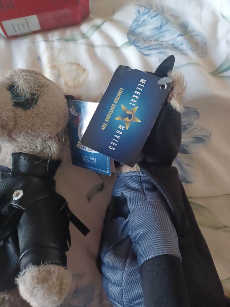 Pair of Meerkat Toy Plushies - Biker and Batman Outfits, With Tags for Sale