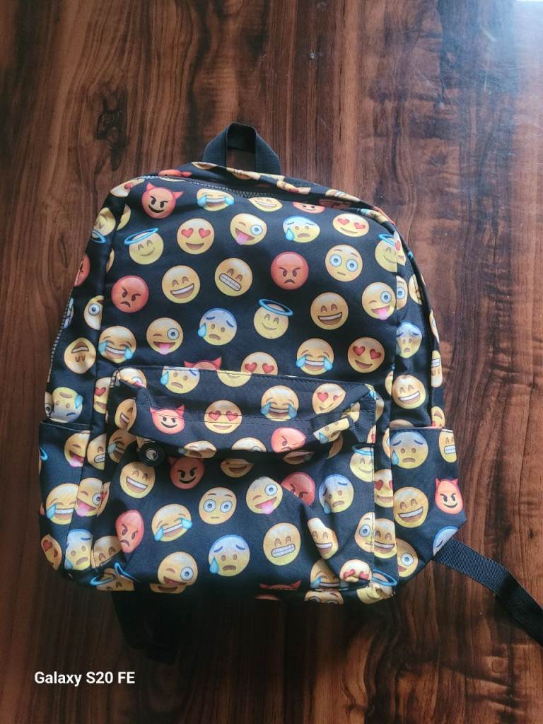 PRELOVED Fun Emoji Print Backpack Rucksack | Black Day Bag for School/Teen/Youth
