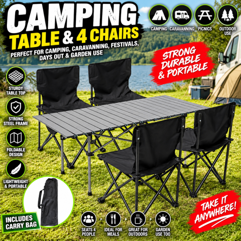 Camping Table and Chairs Picnic Folding Table with 4 Chairs 120cm Aluminium Rolling Tabletop Fold up