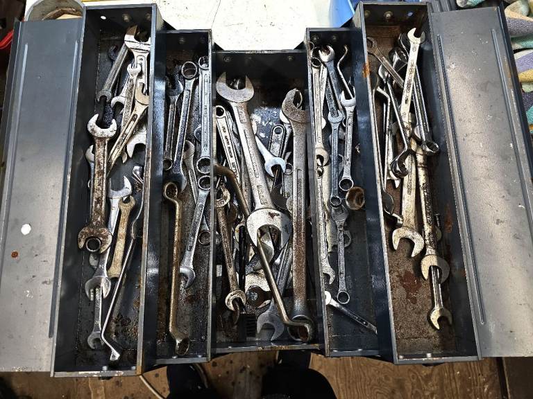 Mixed Lot of Spanners in a Good Quality Steel Cantilever Tool Box