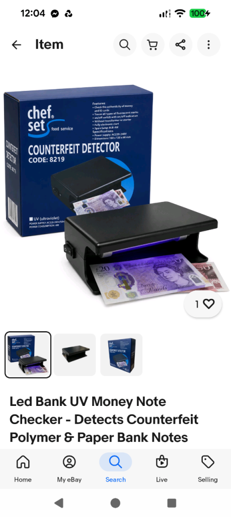 Chef Set UV Money Note Counterfeit Detector – Brand New