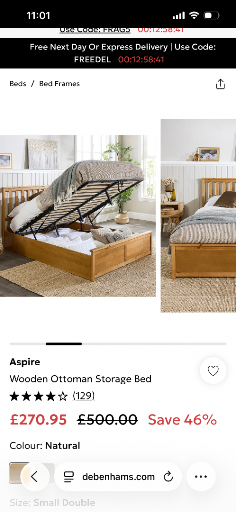 Aspire Wooden Ottoman Storage Bed – Small Double, Natural Wood