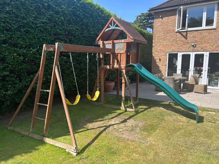Wooden Kids Swing Set with Slide and Playhouse