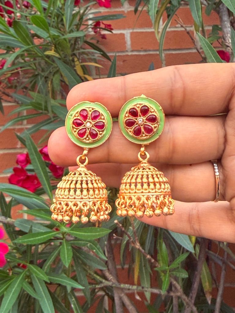 Stunning Gold Jhumka Earrings with Red and Green Enamel