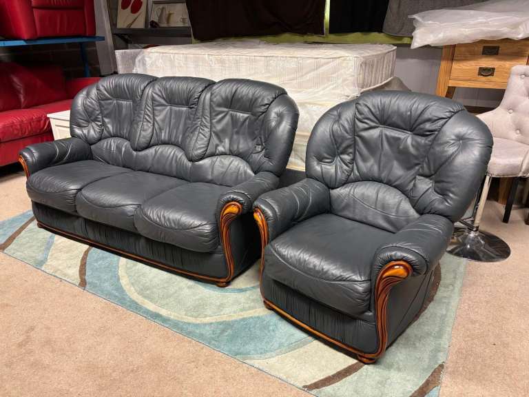 Blue Italian Leather 3 Seater Sofa and Chair excellent condition 