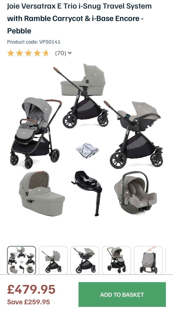 Joie Versatrax E Trio i-Snug Travel System with Ramble Carrycot & i-Base Encore - Pebble