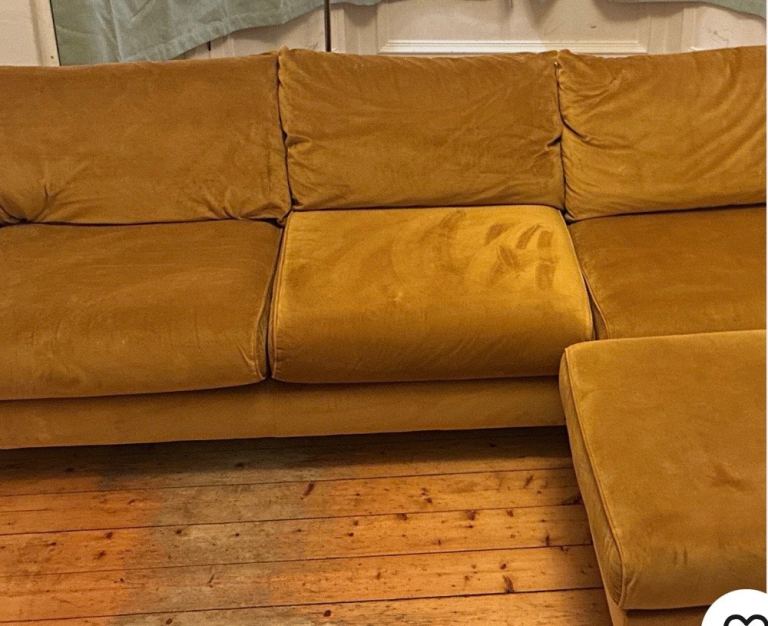 DFS Velvet Sofa and Footstool – mustard, Good Condition