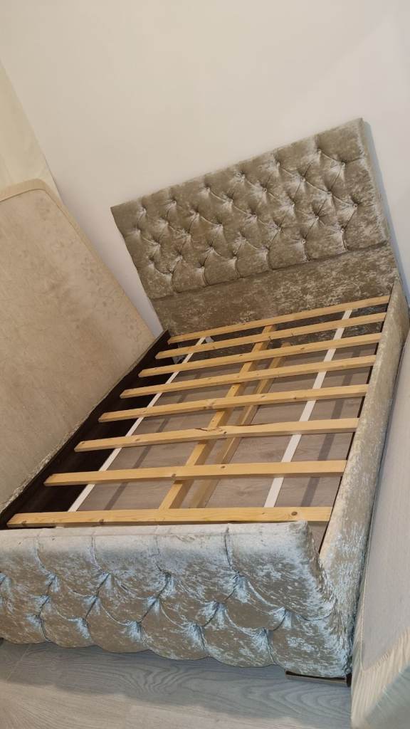 Double Bed Frame Gray Velvet With Diamond Design