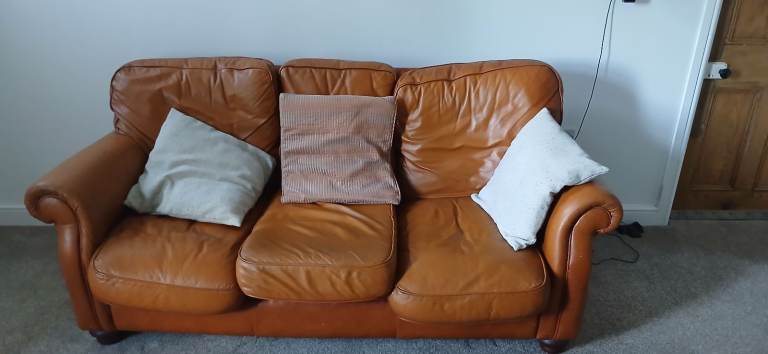 Tan Leather Sofa and Two Armchairs – Good Condition