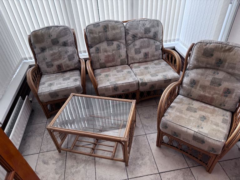 Wicker Conservatory Furniture Set with Glass Top Table – Good Condition