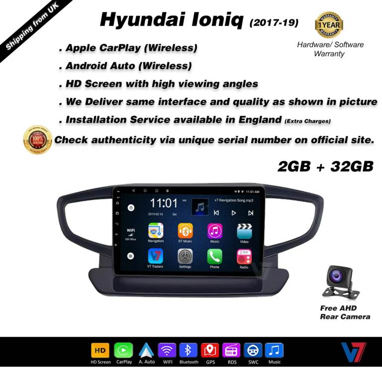 Hyundai Ioniq 2017-19 CARPLAY Android Auto HD Screen Head Unit GPS Stereo LCD Panel V7