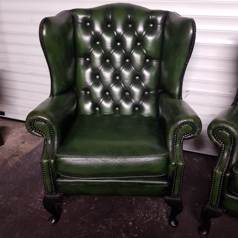 MATCHING Pair Green Leather QUEEN ANNE Chesterfield Wingback arm chairs -FAB